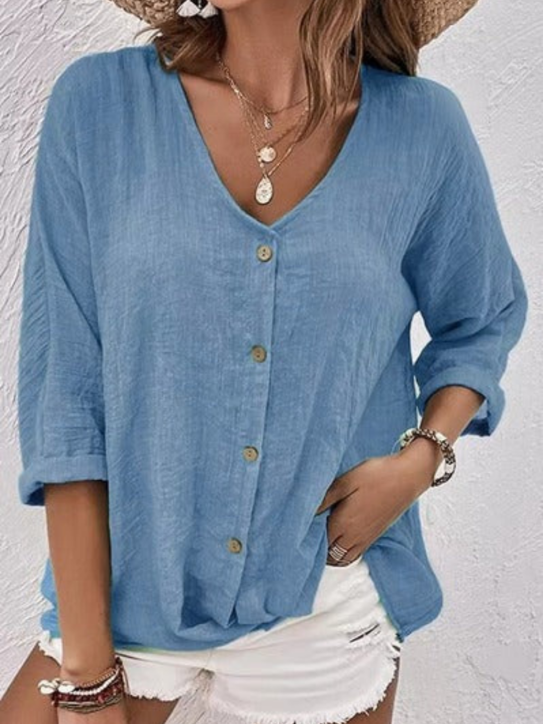 Badette | Women's Casual Cotton V-Neck Button-Front Top