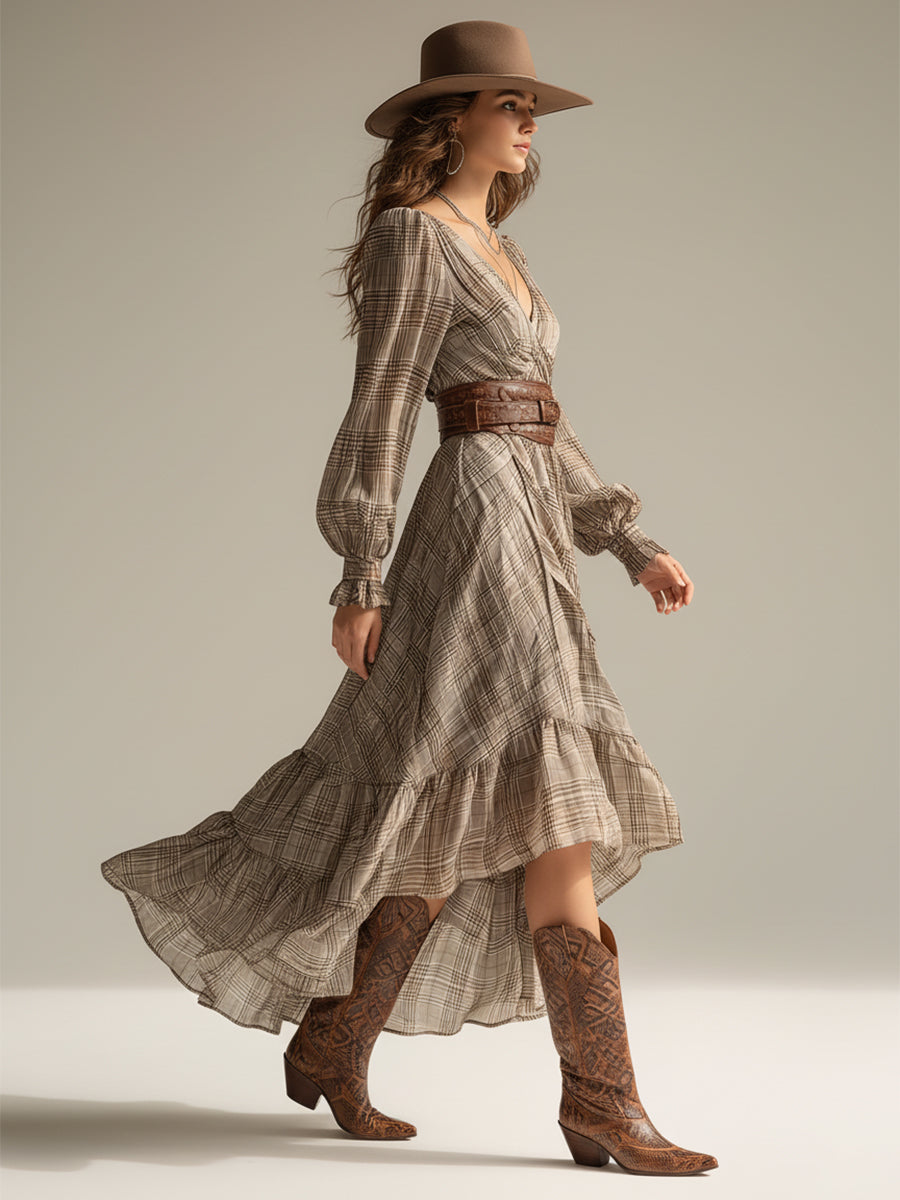 Women's Beige - Plaid Bohemian Chiffon Ruffled Midi Dress (without Belt)