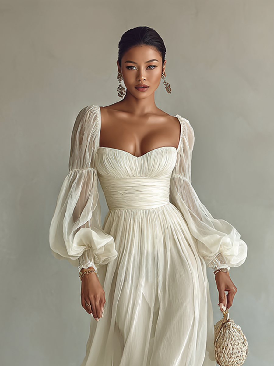 Women's Chiffon Square Neck Long Sleeve Waist Maxi Dress