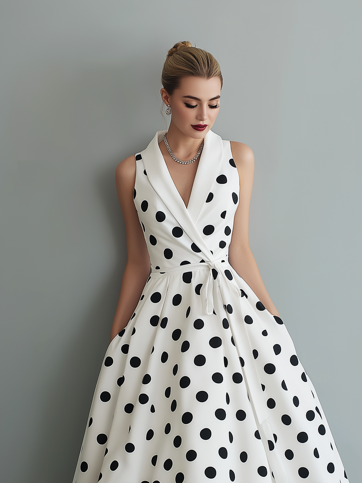 Women's Elegant Black And White Polka Dot Woven Collared Sleeveless Midi Dress