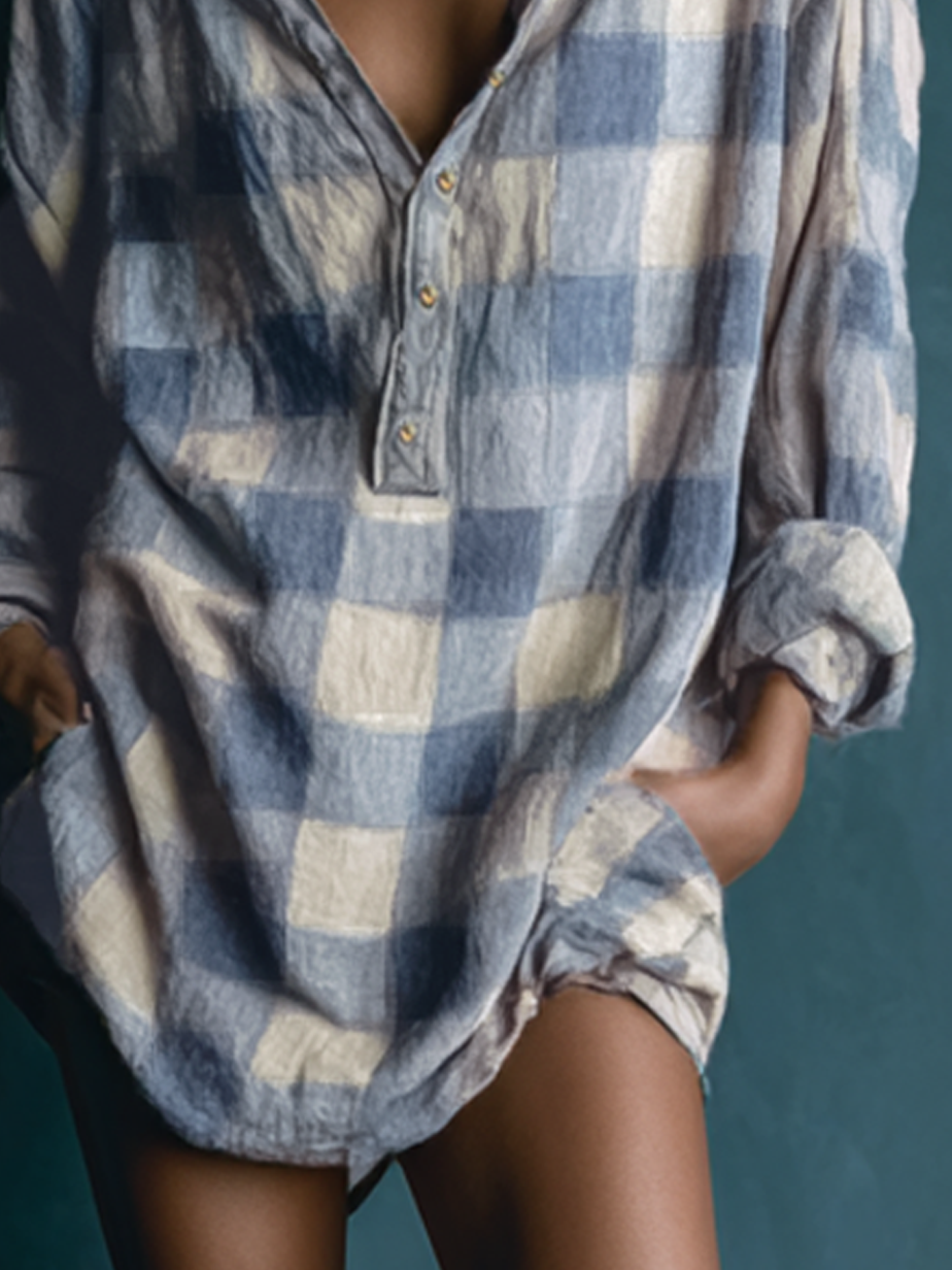 Women's Loose Washed Plaid Henley Collar Long-Sleeve Mini Dress