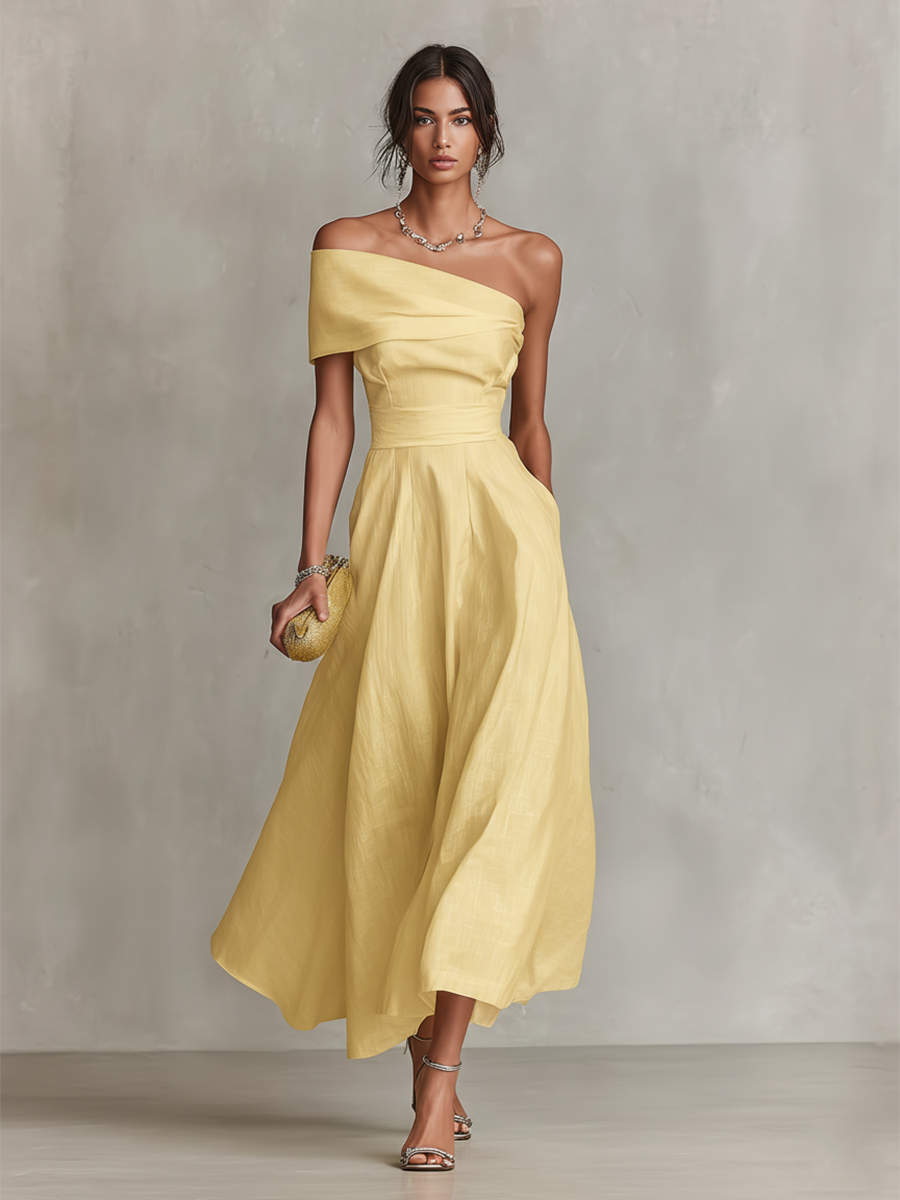 Women's Yellow Linen Dress With One-Shoulder Neckline & Fitted Waist, Timeless Elegant-Chic Style Dress
