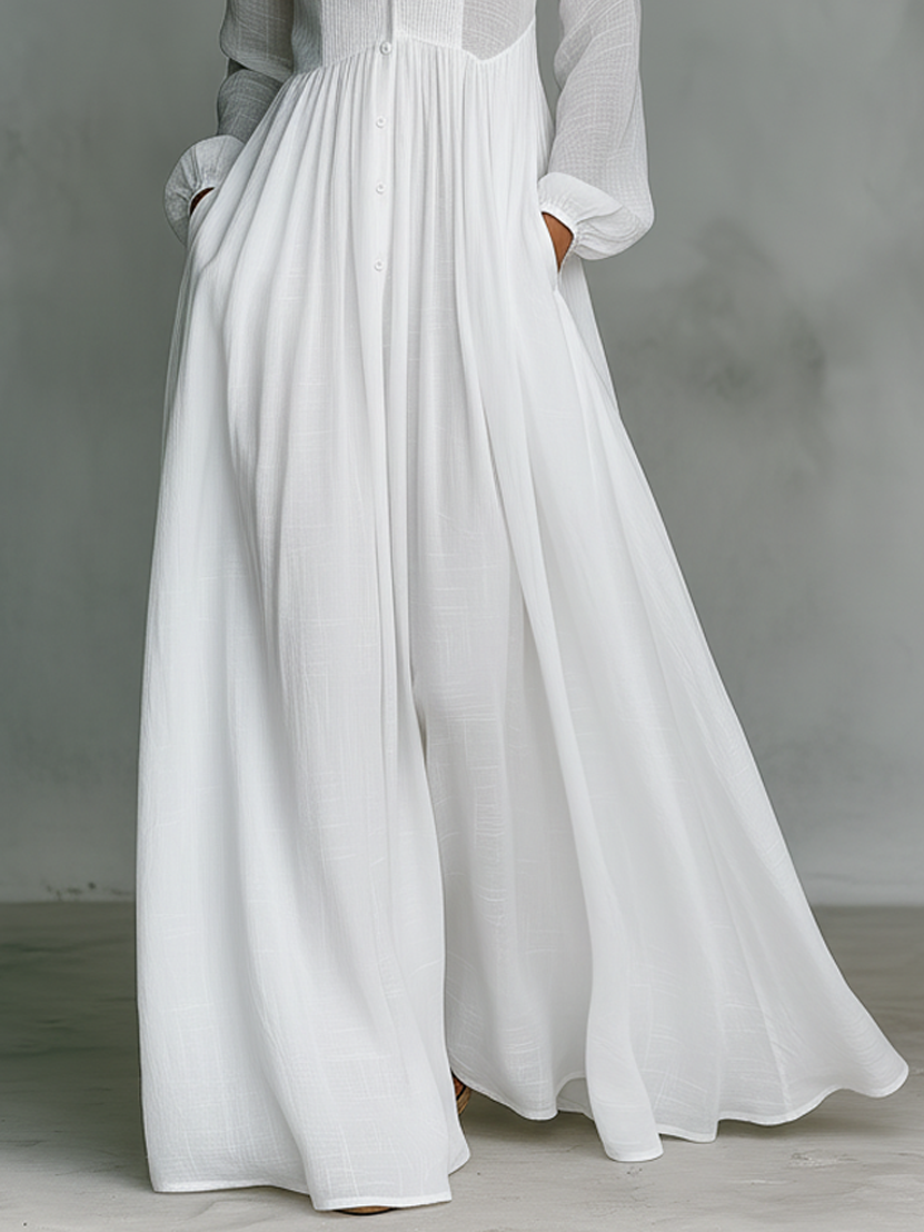 Women's Minimalist Cotton And Linen Patchwork Single-breasted Stand-up Collar Long-sleeved Maxi Dress