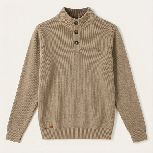 Men’s Long-Sleeve Sweater – Button Placket, Stand Collar