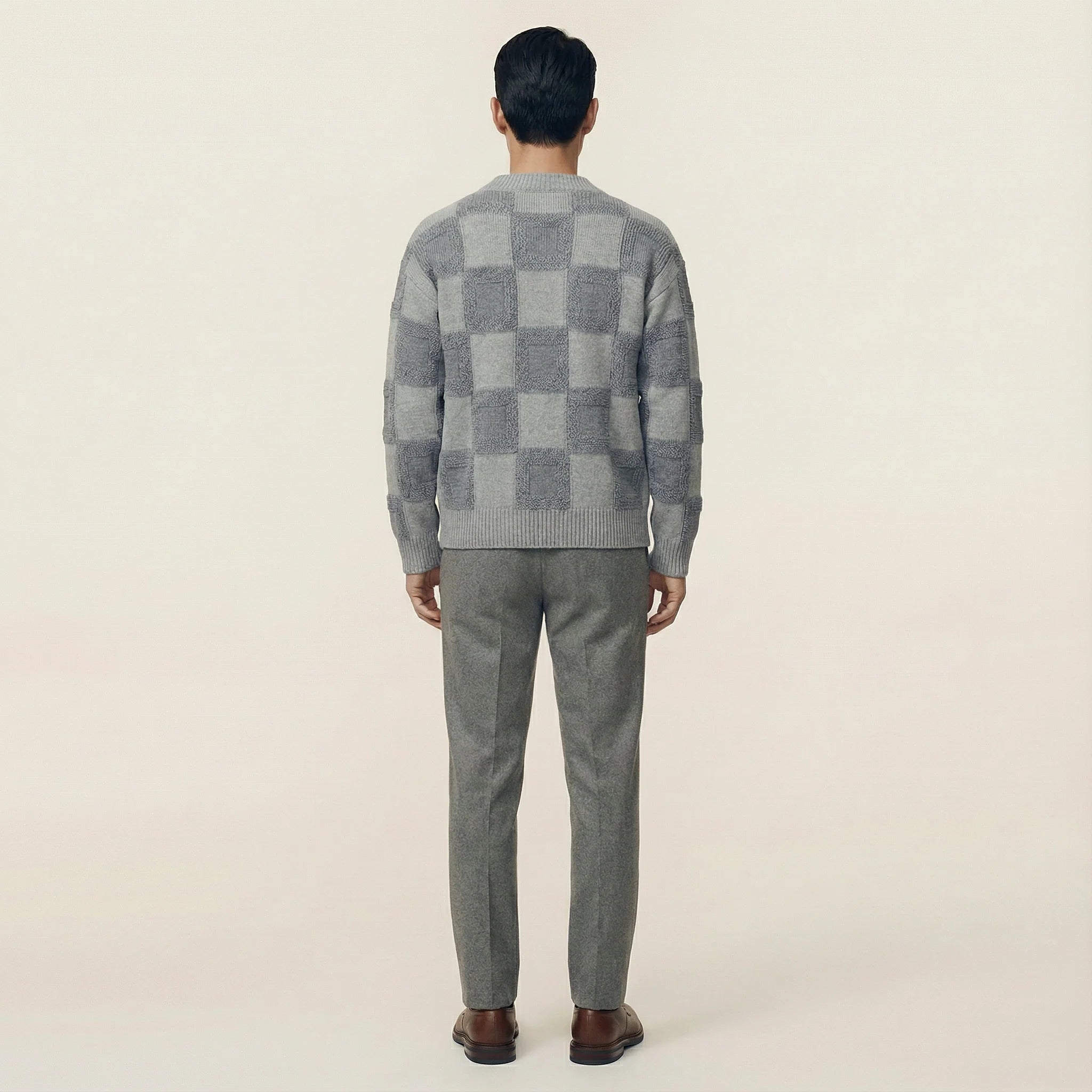 Men’s Long-Sleeve Sweater – Crew Neck, Check Pattern