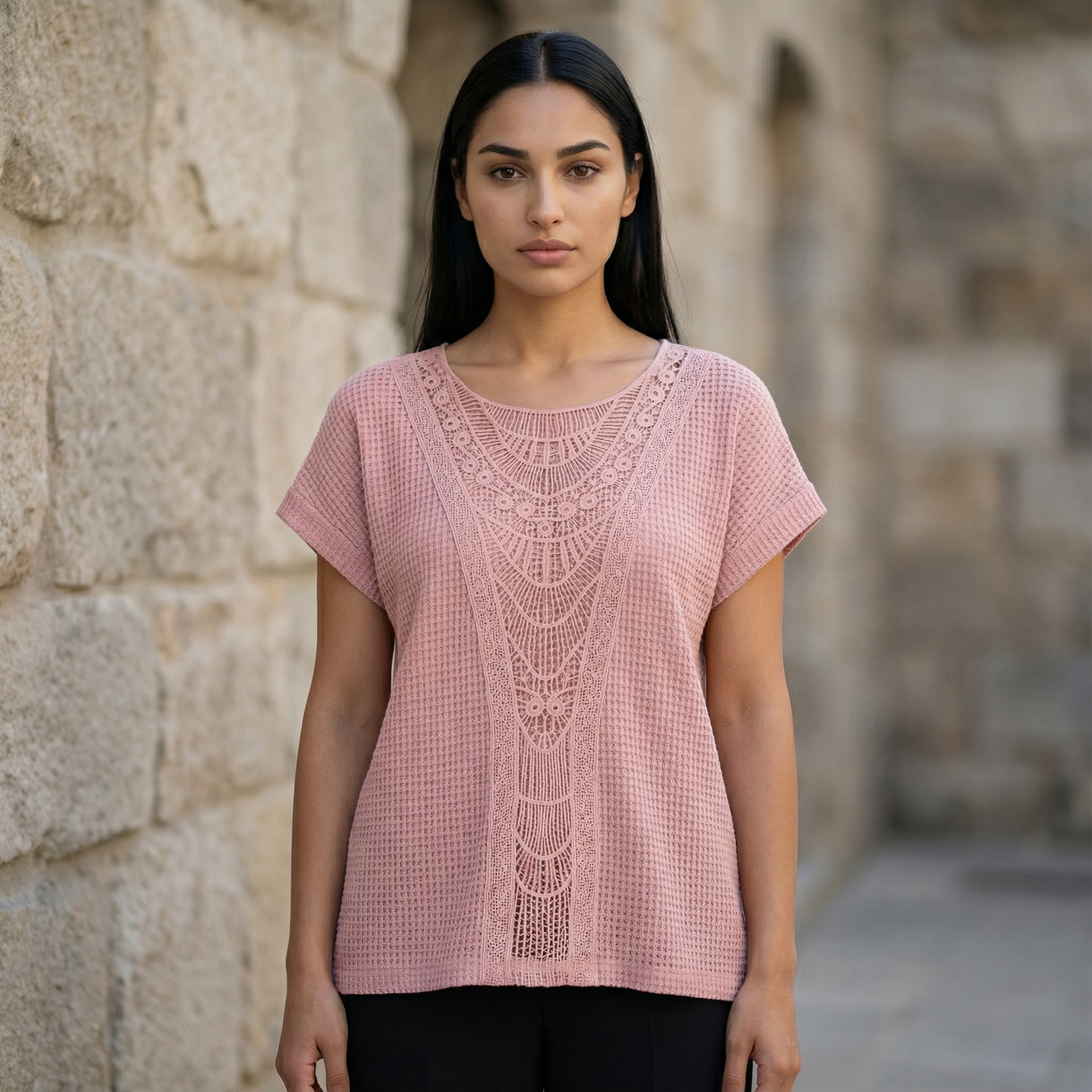 Women’s Knit Top – Lace Panel Short Sleeve Design