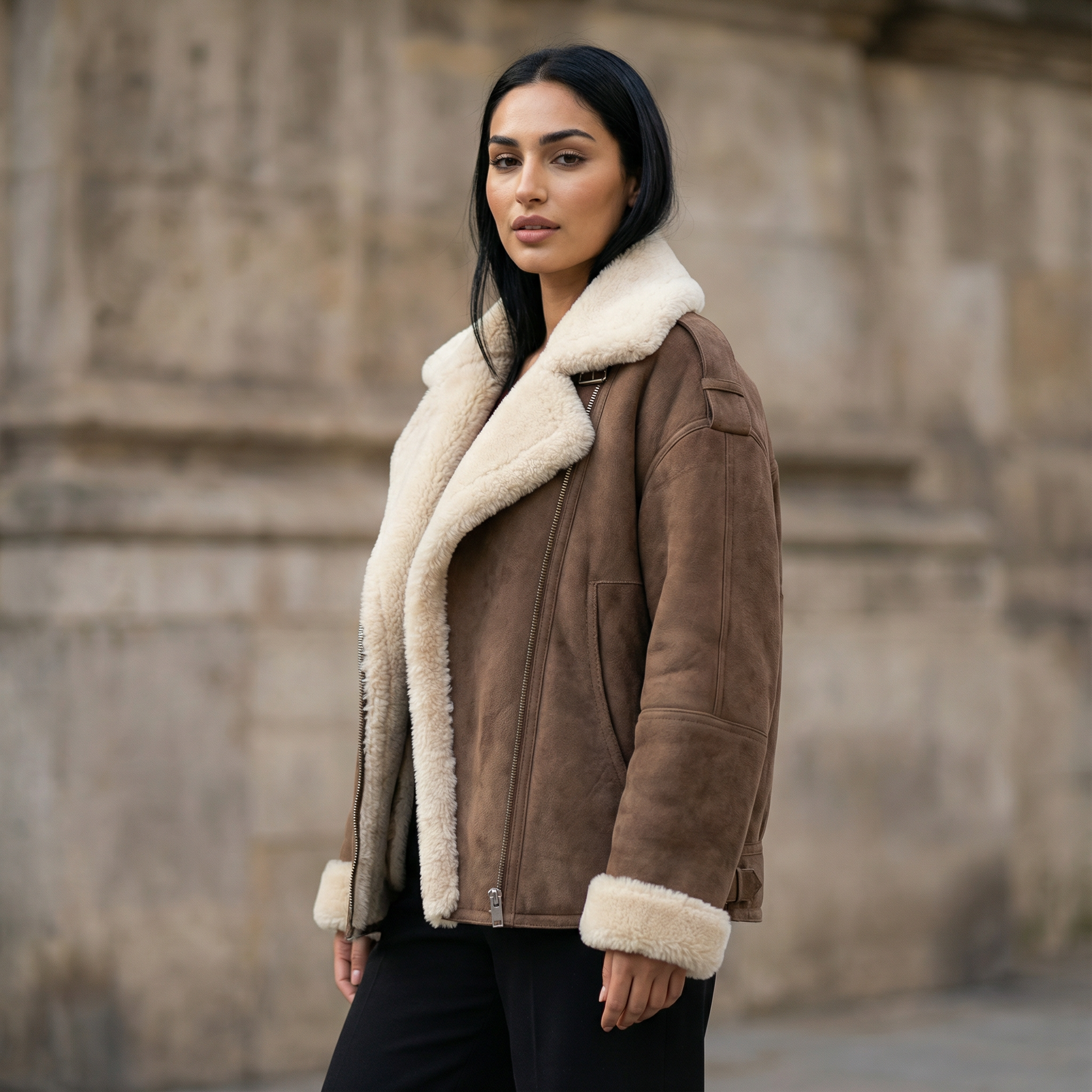 Women’s Long Coat – Shearling-Style Collar, Front Closure, Long Sleeves