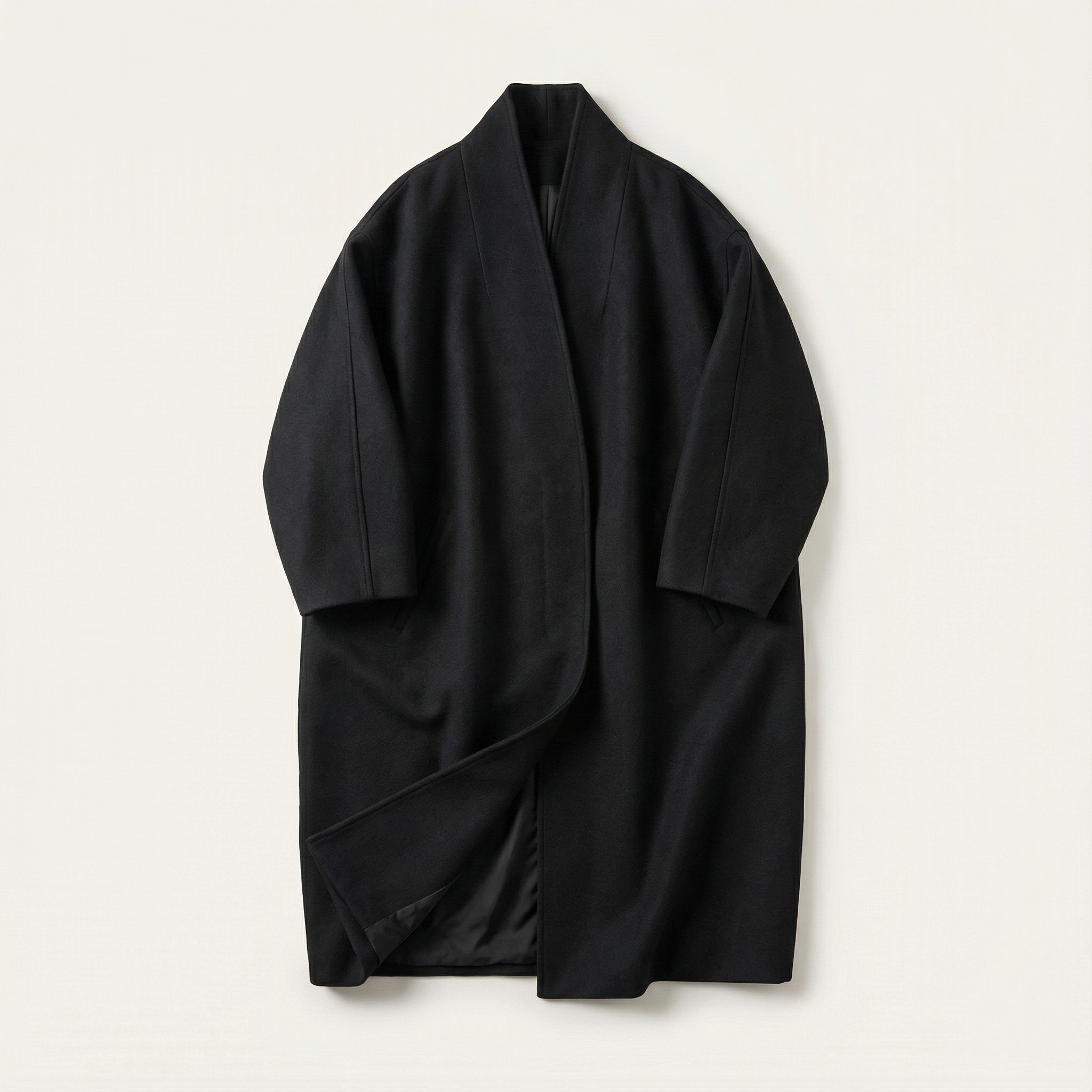 Women’s Long Overcoat – Stand Collar, Batwing Sleeves