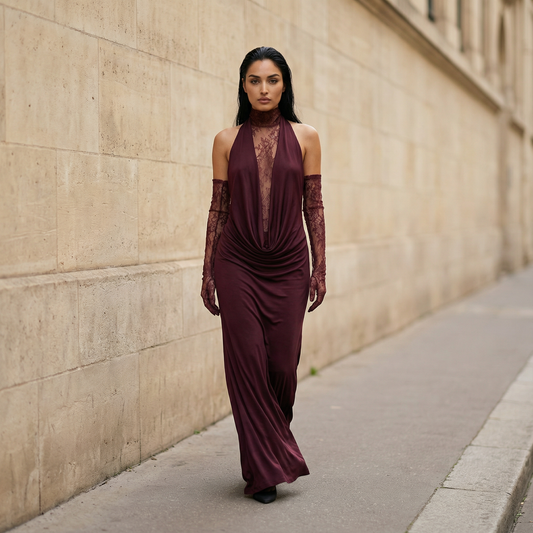 Women’s Halterneck Maxi Dress – Ruched Waist, Sleeveless Design