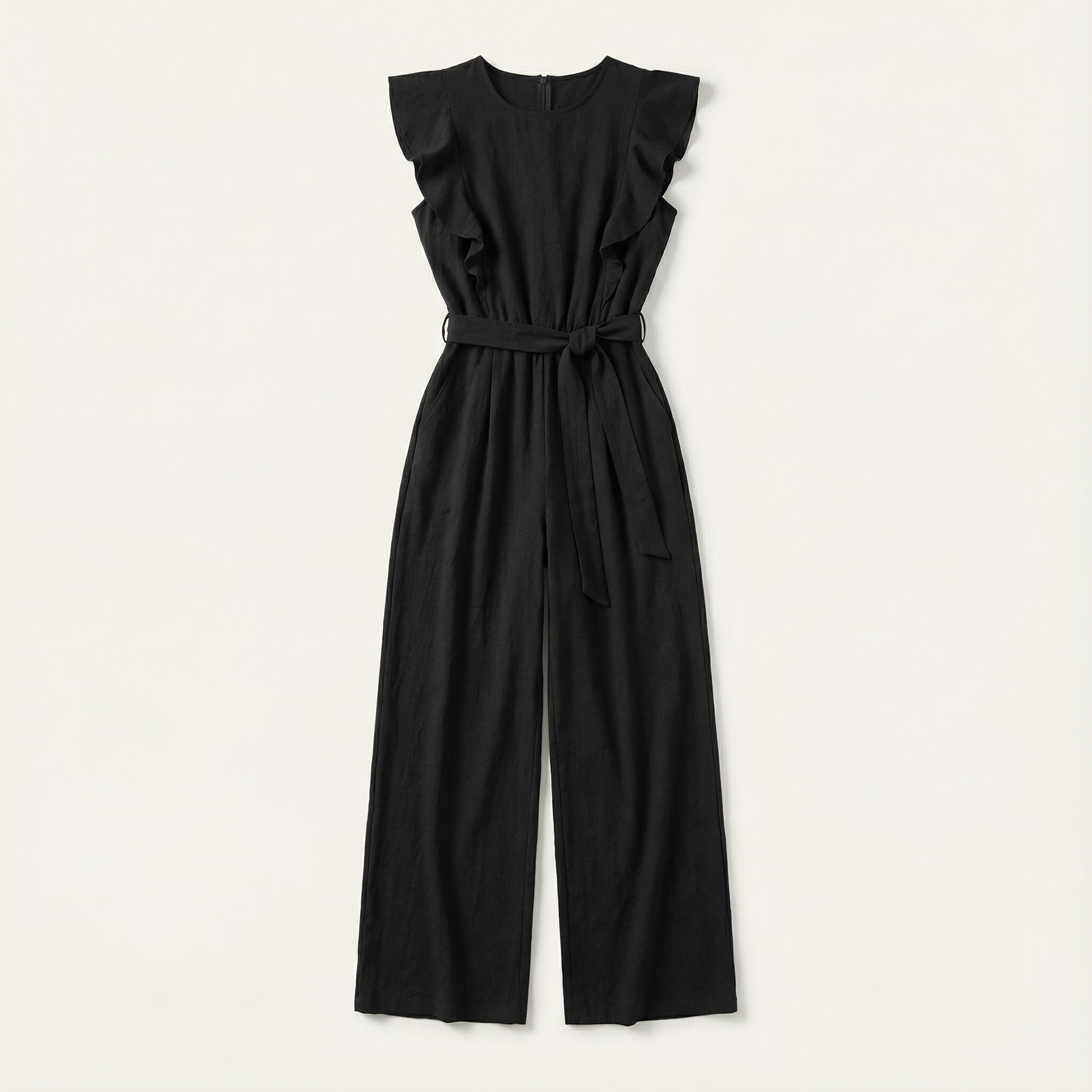 Women’s Jumpsuit – Short Sleeves, Tie Waist, Wide-Leg Design