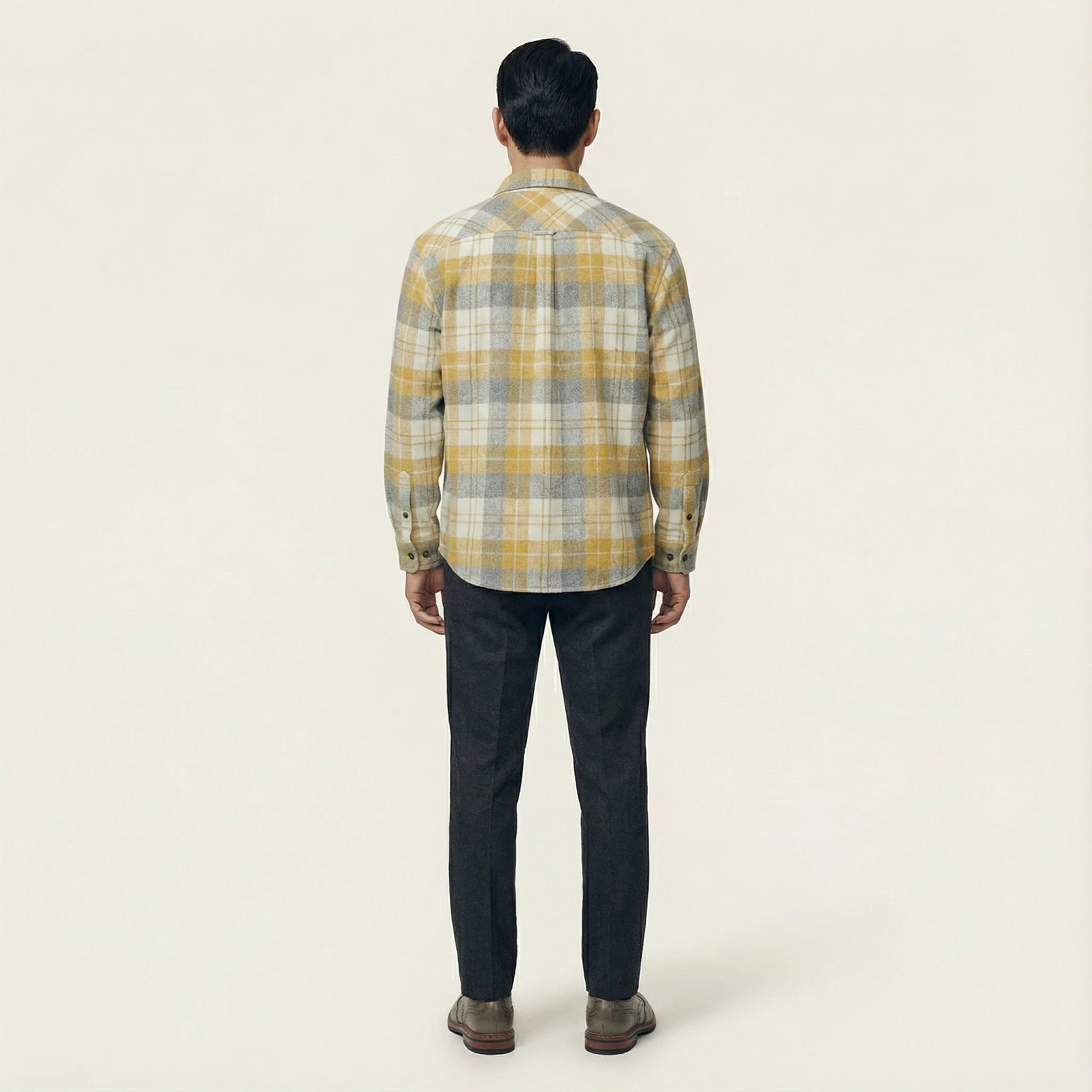 Men’s Long-Sleeve Button-Up Shirt – Check Pattern, Chest Pockets