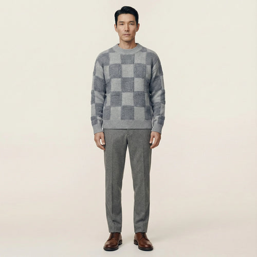 Men’s Long-Sleeve Sweater – Crew Neck, Check Pattern