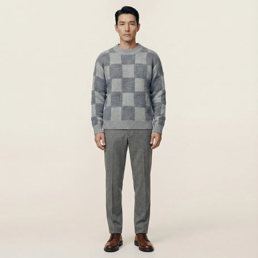Men’s Long-Sleeve Sweater – Crew Neck, Check Pattern