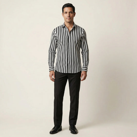 Men’s Long-Sleeve Button-Up Shirt – Vertical Stripe Pattern
