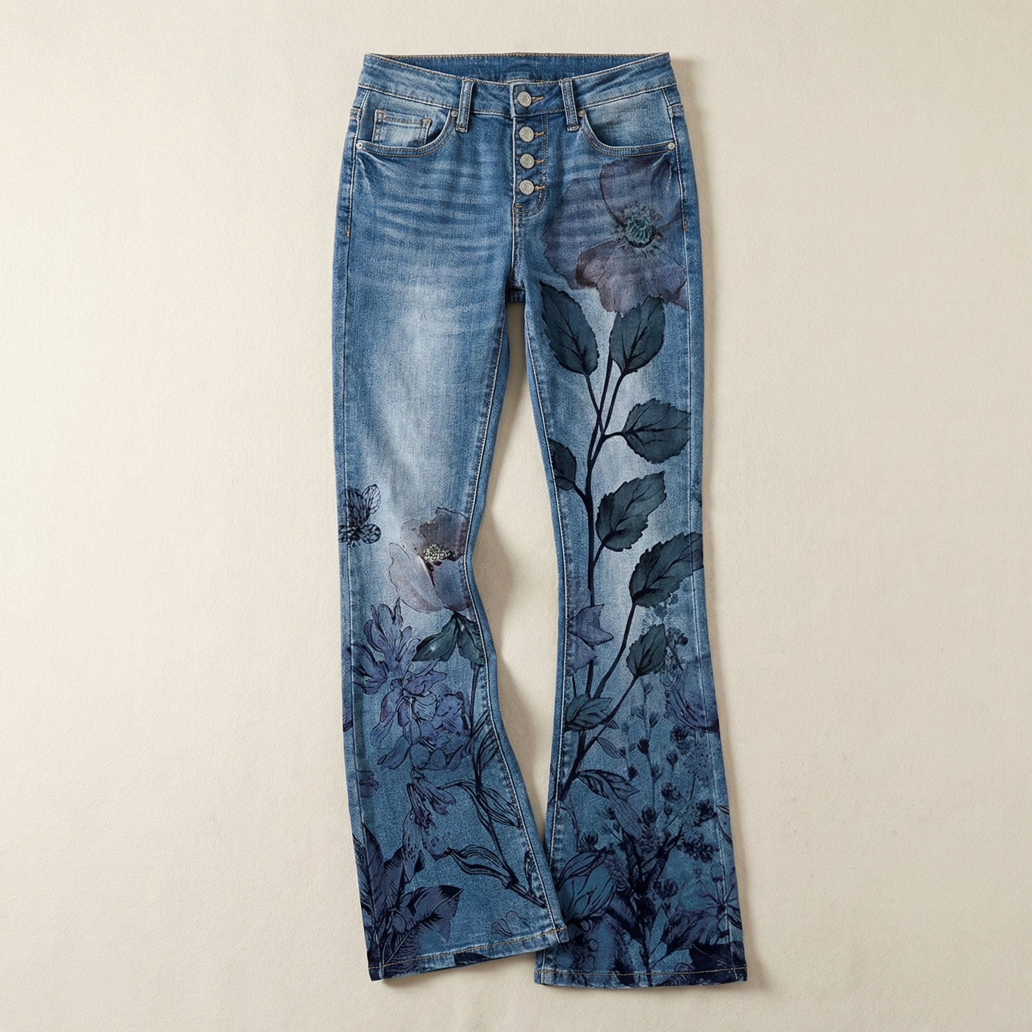 Women’s Flared Jeans – Floral Print Design