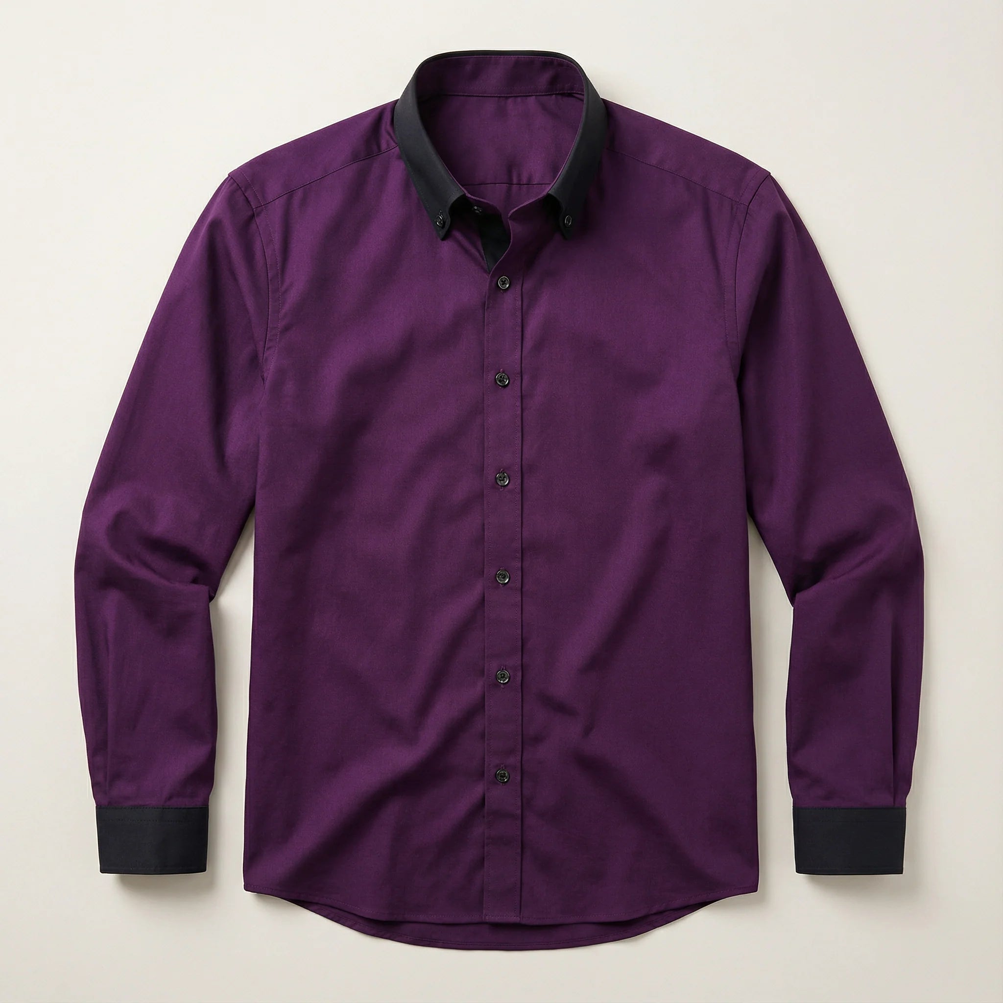 Men’s Long-Sleeve Button-Up Shirt – Stand Collar, Contrast Cuffs