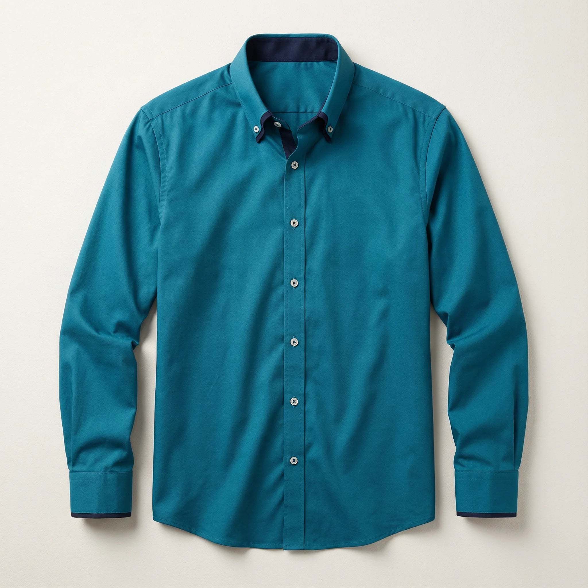Men’s Long-Sleeve Button-Up Shirt – Stand Collar, Contrast Cuffs