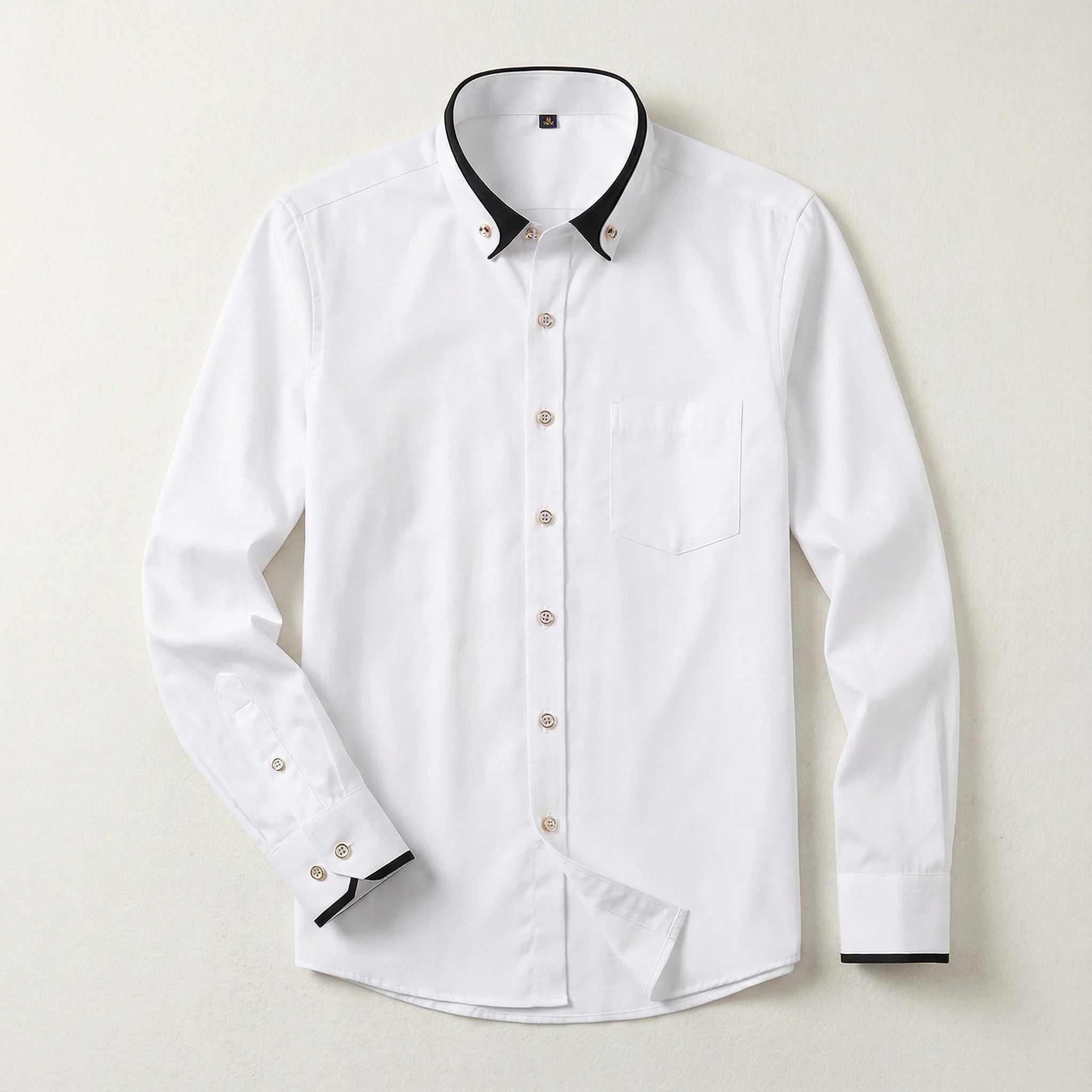 Men’s Long-Sleeve Button-Up Shirt – Stand Collar, Contrast Cuffs