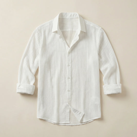Men’s Long-Sleeve Button-Up Shirt – Vertical Stripe Pattern, Collared Design