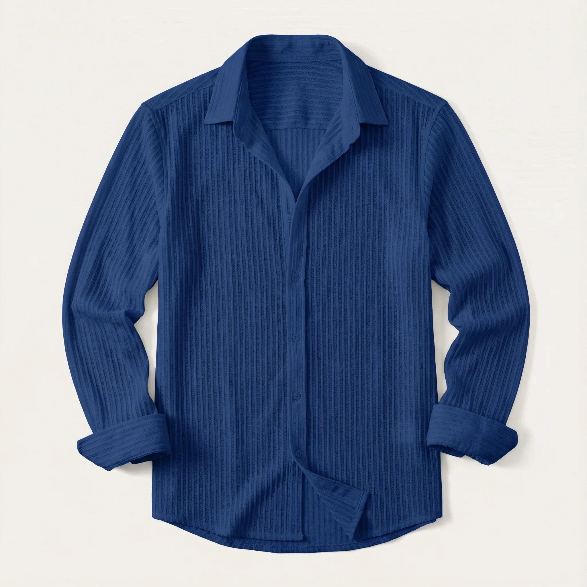 Men’s Long-Sleeve Button-Up Shirt – Vertical Stripe Pattern, Collared Design