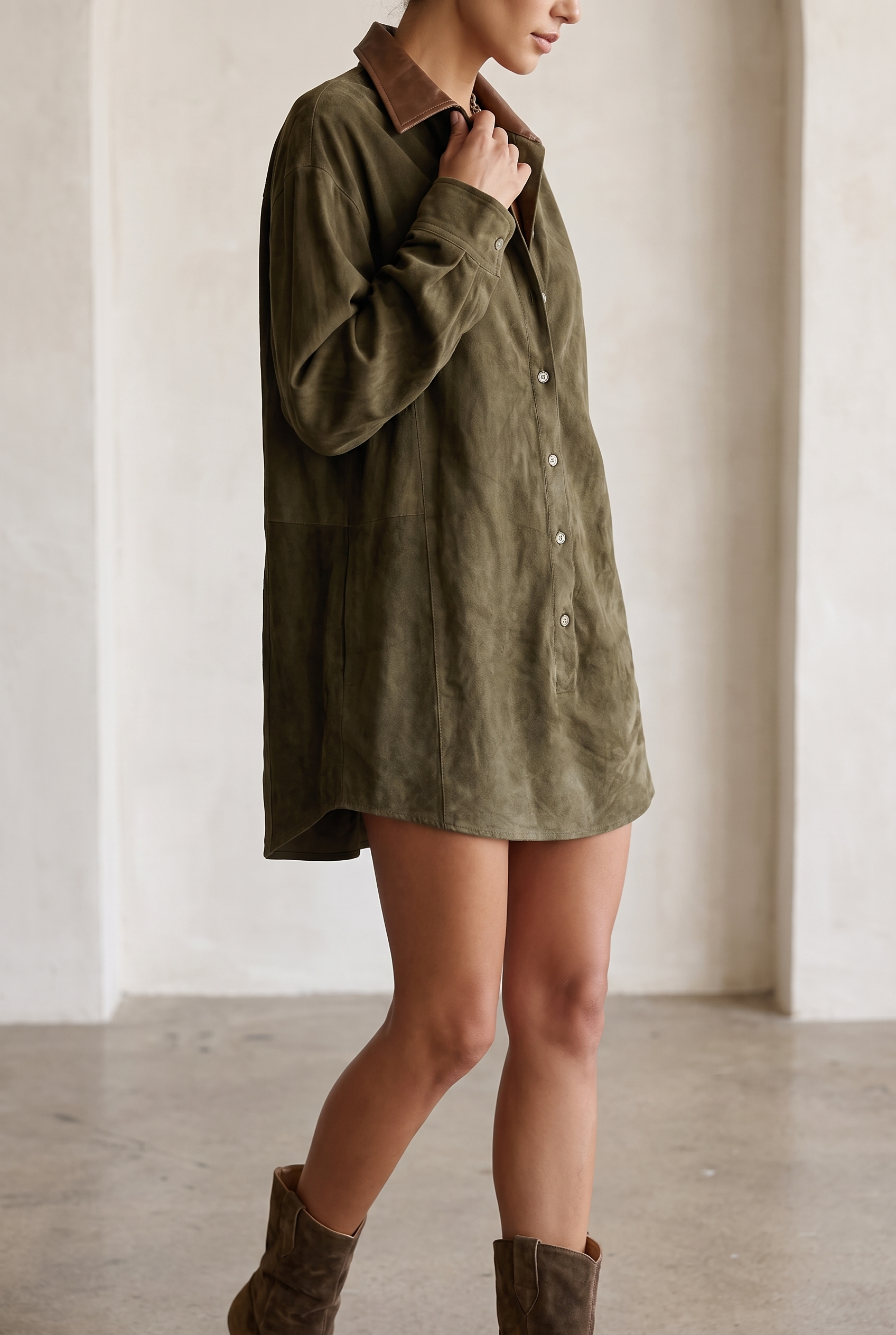 Women's Simple Loose Leather Lapel Spliced Suede Mini Dress