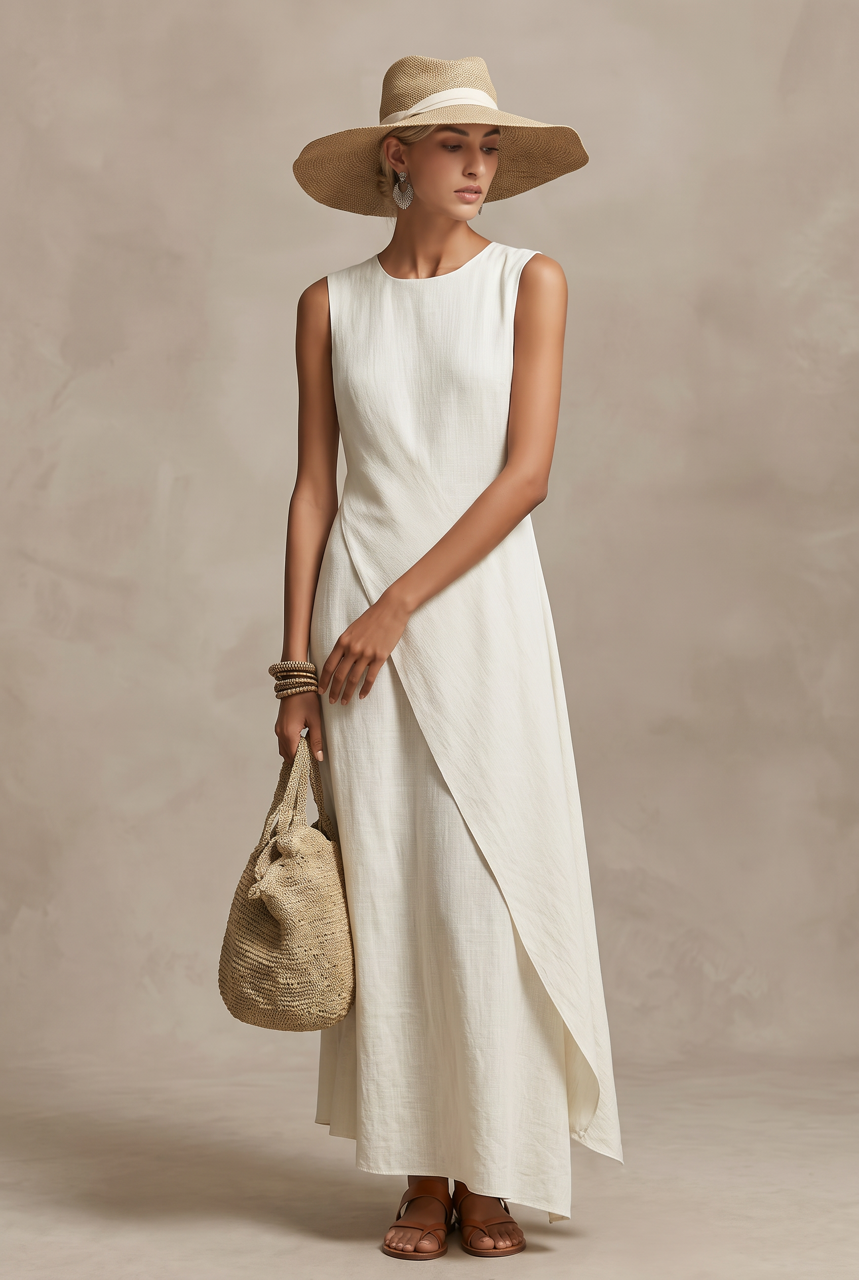 Women's Ivory Breathable Linen Dress With Sleeveless Detail & Asymmetric Hem, Contemporary Casual-Feminine Style Dress