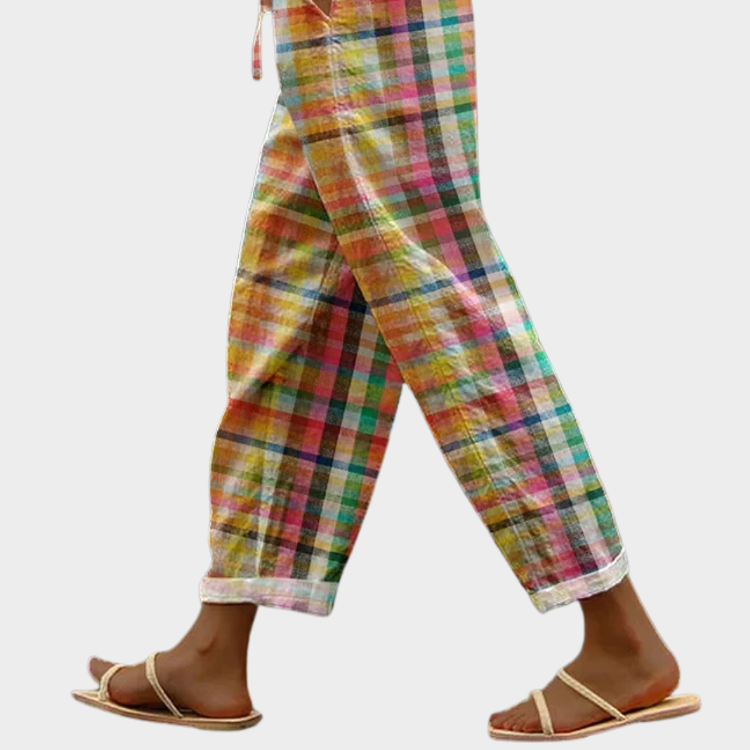 Marnie | Women's Multicolor Linen Plaid Check Drawstring Waist Casual Pants