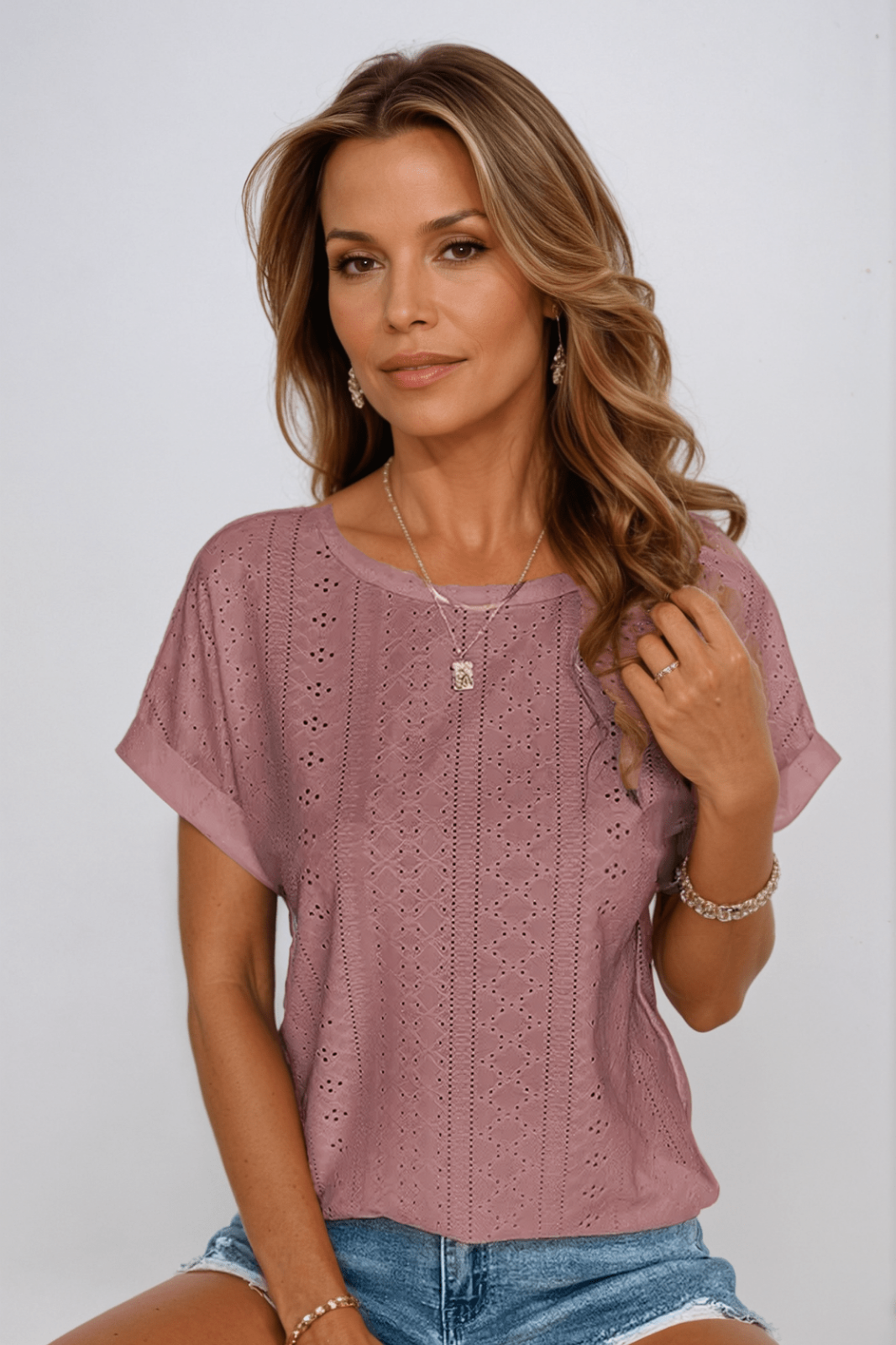 Priya | Women's Cotton Eyelet Short Sleeve Round Neck Top