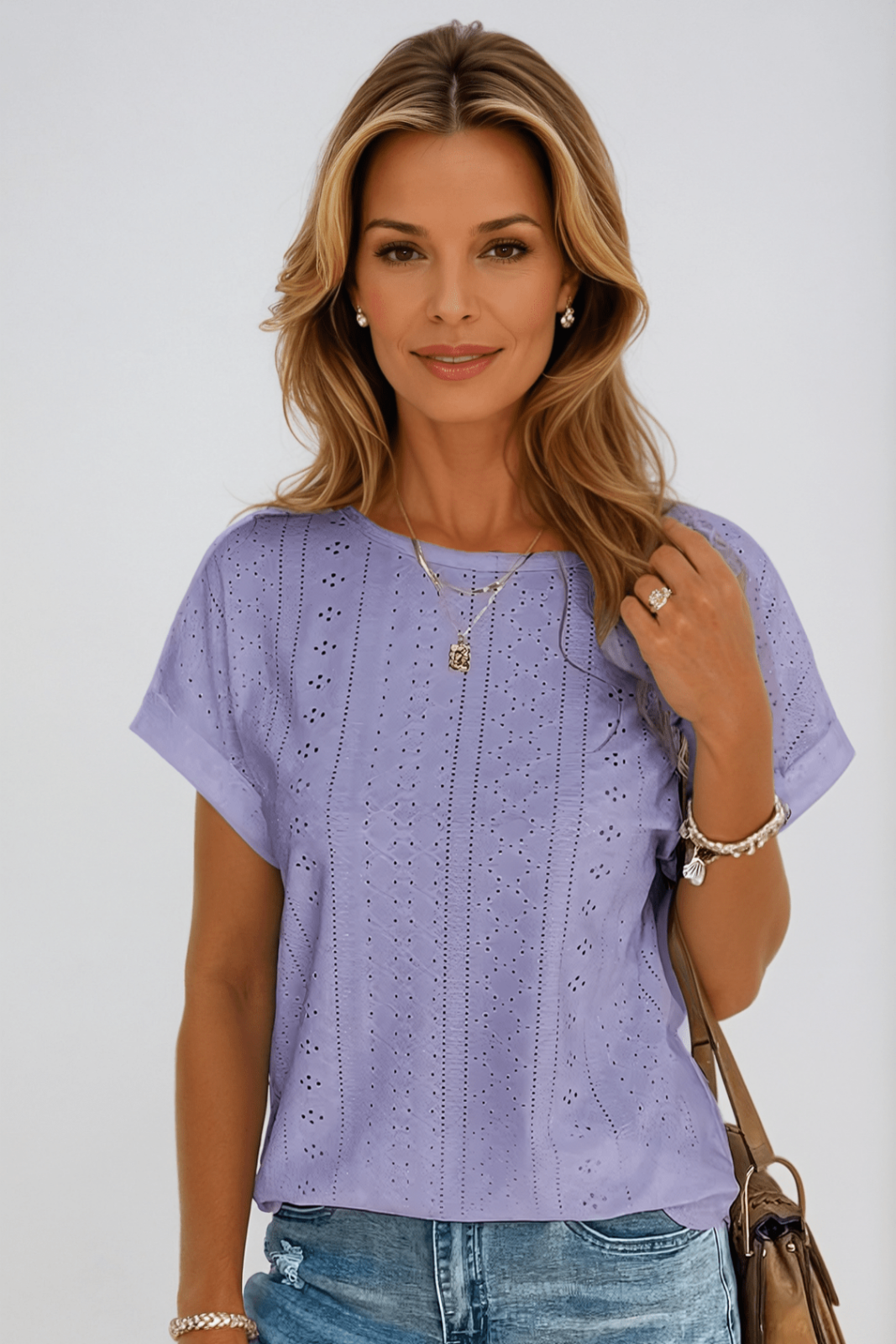 Priya | Women's Cotton Eyelet Short Sleeve Round Neck Top