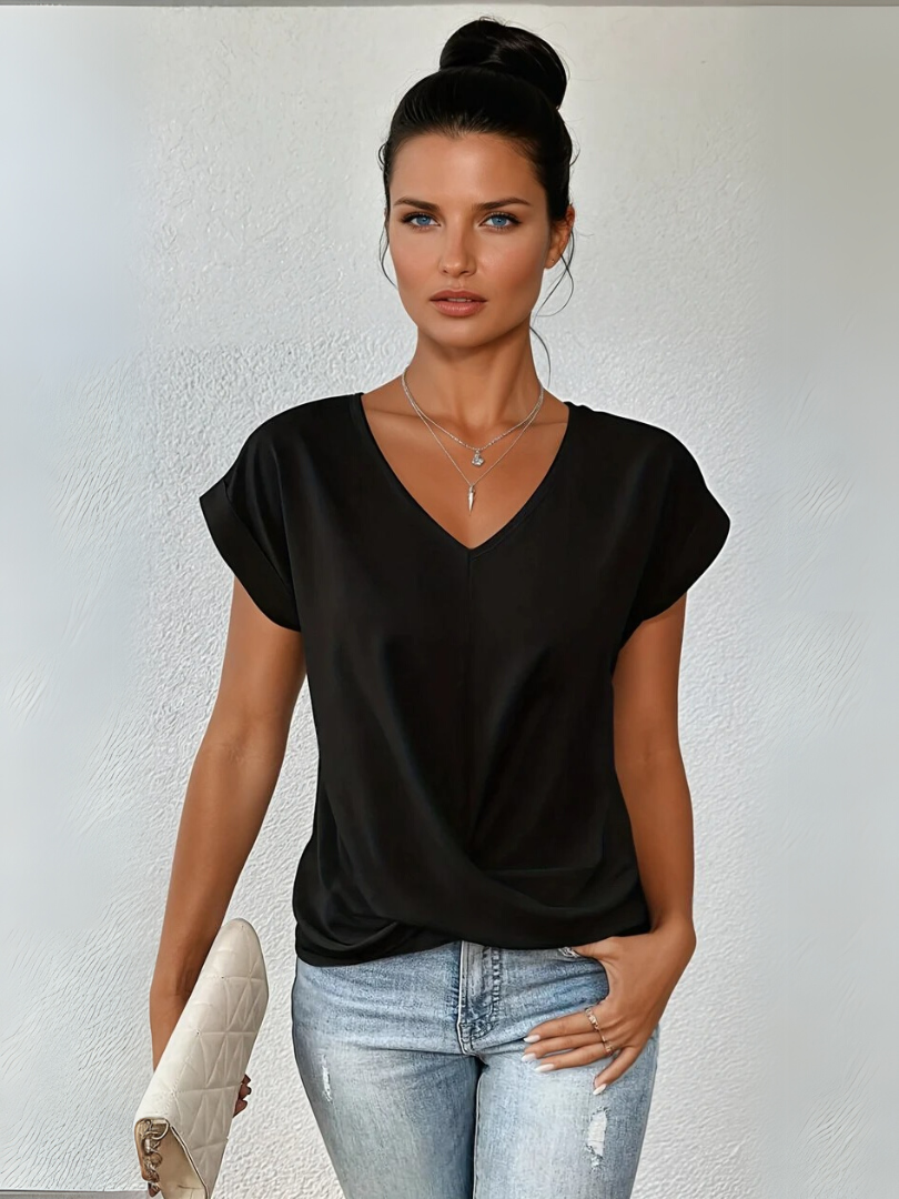 Sanne | Women's Satin Twist-Front V-Neck Short Sleeve Top