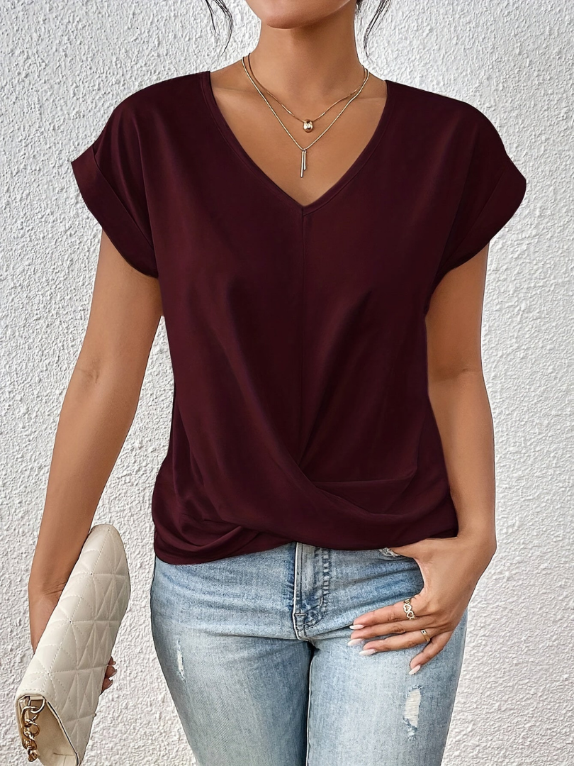 Sanne | Women's Satin Twist-Front V-Neck Short Sleeve Top