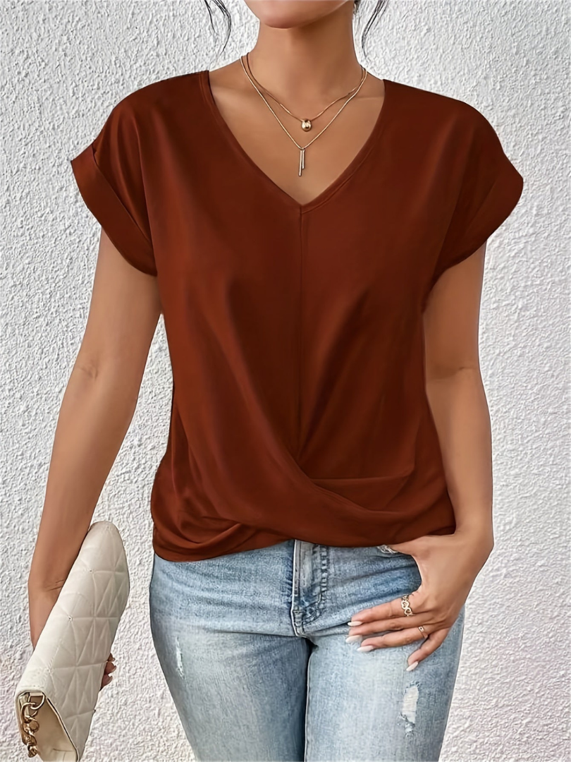 Sanne | Women's Satin Twist-Front V-Neck Short Sleeve Top